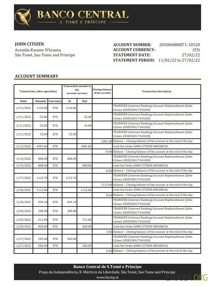 Relevé bancaire Sao Tomé et Principe Banco Central de S.Tome e Principe